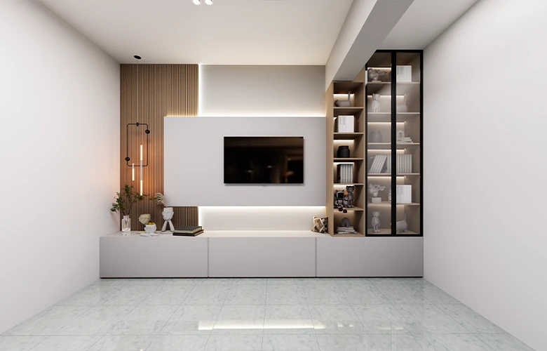 Wall mounted TV cabinet with storage shelves